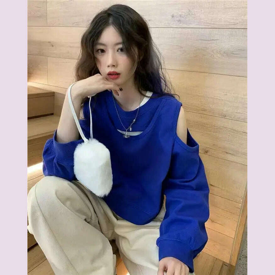 KIMLUD, Spring Autumn Casual Fashion Hollow Out Sweatshirt Ladies Loose All-match Off the Shoulder Top Women Korean Style Solid Pullover, KIMLUD Womens Clothes