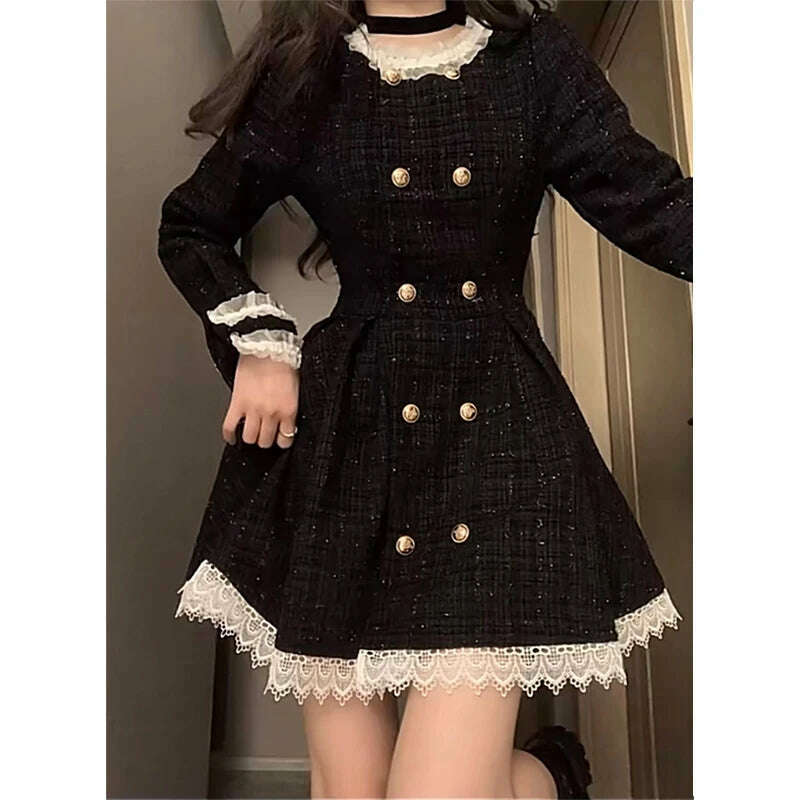 KIMLUD, Spring Autumn Dresses Women Hepburn Style Black Sweet Cool Little Fragrant Court Vintage Ruffle Rib Duffel Princess Dress Female, black / S / CHINA, KIMLUD APPAREL - Womens Clothes