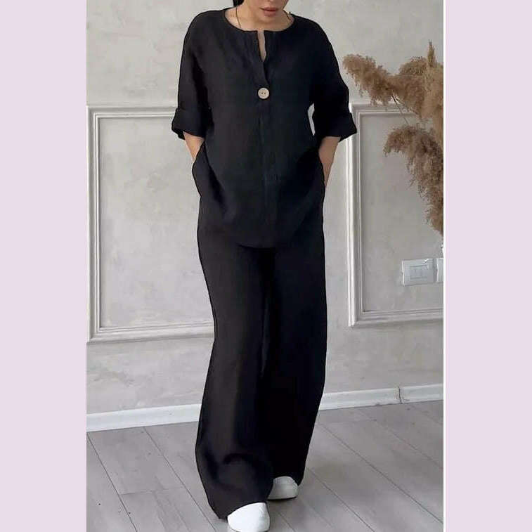 KIMLUD, Spring Autumn Fashion Cotton And Linen Solid Two Piece Set Women Causal Loose V-neck Top Wide Leg Pants  2 Piece Sets Woman, black / S, KIMLUD APPAREL - Womens Clothes