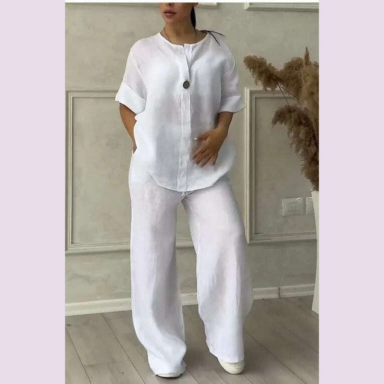 KIMLUD, Spring Autumn Fashion Cotton And Linen Solid Two Piece Set Women Causal Loose V-neck Top Wide Leg Pants  2 Piece Sets Woman, WHITE / S, KIMLUD APPAREL - Womens Clothes