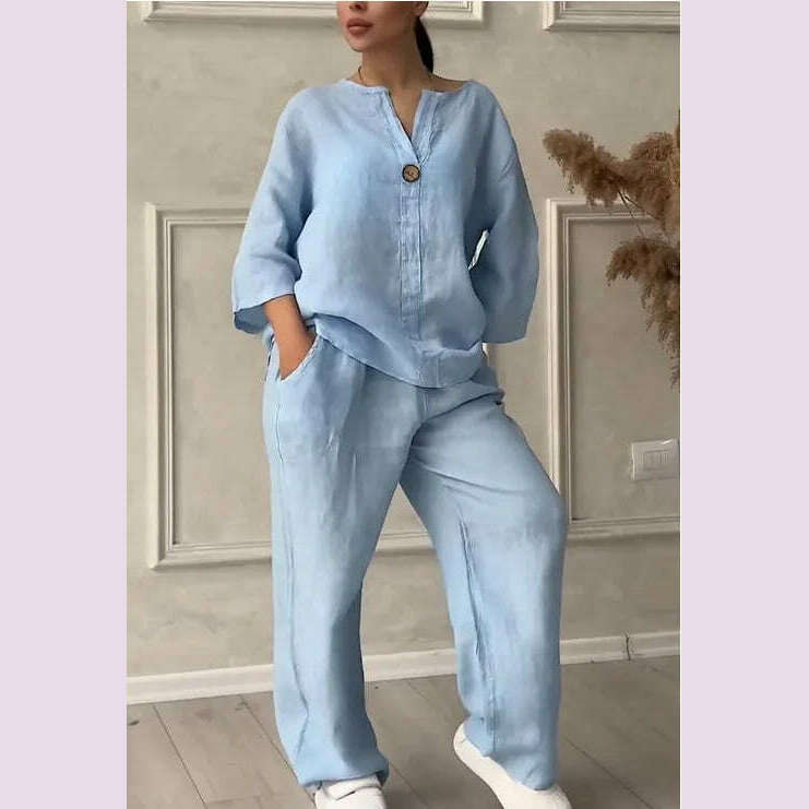 KIMLUD, Spring Autumn Fashion Cotton And Linen Solid Two Piece Set Women Causal Loose V-neck Top Wide Leg Pants  2 Piece Sets Woman, SKY BLUE / S, KIMLUD APPAREL - Womens Clothes