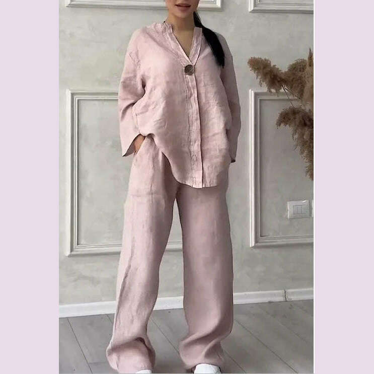 KIMLUD, Spring Autumn Fashion Cotton And Linen Solid Two Piece Set Women Causal Loose V-neck Top Wide Leg Pants  2 Piece Sets Woman, Lotus root color / S, KIMLUD APPAREL - Womens Clothes