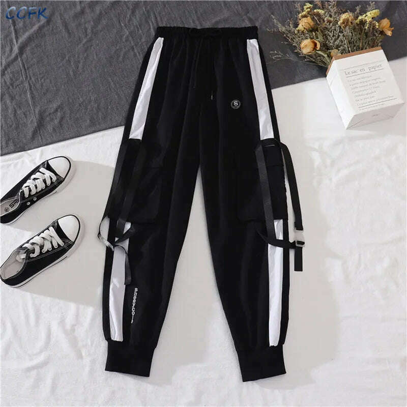 Spring Autumn Female Cargo Pants Sets Egirl Streetwear High Waist Joggers Women 2 Piece Set Long Sleeve Top with Trousers - KIMLUD