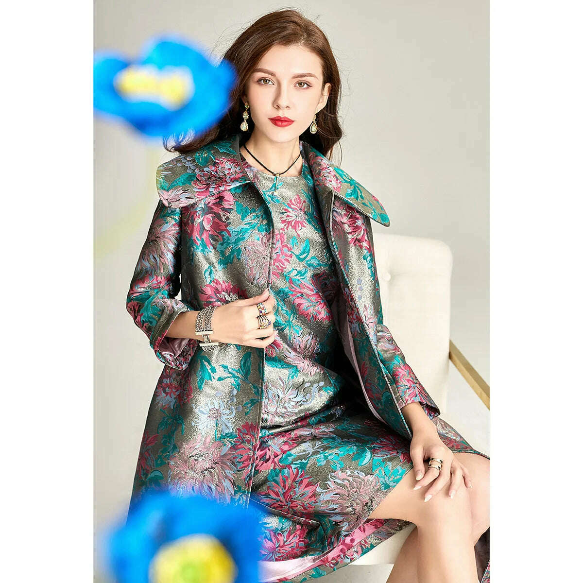 KIMLUD, Spring Autumn Jacquard Coat for Women Long Sleeve Covered Button Fall Windbreaker Jackets Korean Coats Women Trench Luxury, KIMLUD Womens Clothes