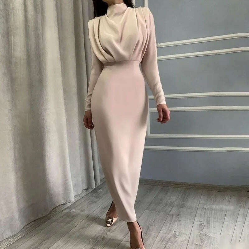 KIMLUD, Spring Autumn New Women's Clothing Solid Color Fashion Waist-Controlled Slimming Long Sleeve Dress Office Lady, KIMLUD Womens Clothes