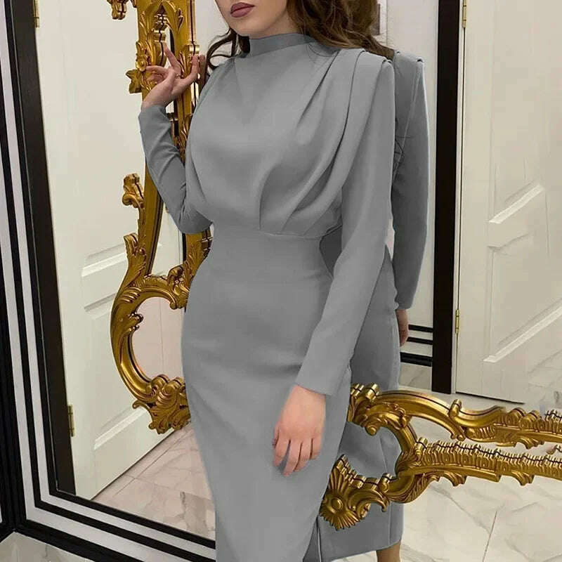 Spring Autumn New Women's Clothing Solid Color Fashion Waist-Controlled Slimming Long Sleeve Dress Office Lady - KIMLUD