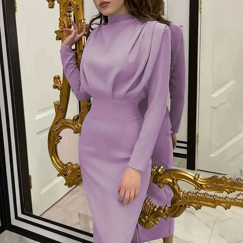 Spring Autumn New Women's Clothing Solid Color Fashion Waist-Controlled Slimming Long Sleeve Dress Office Lady - KIMLUD