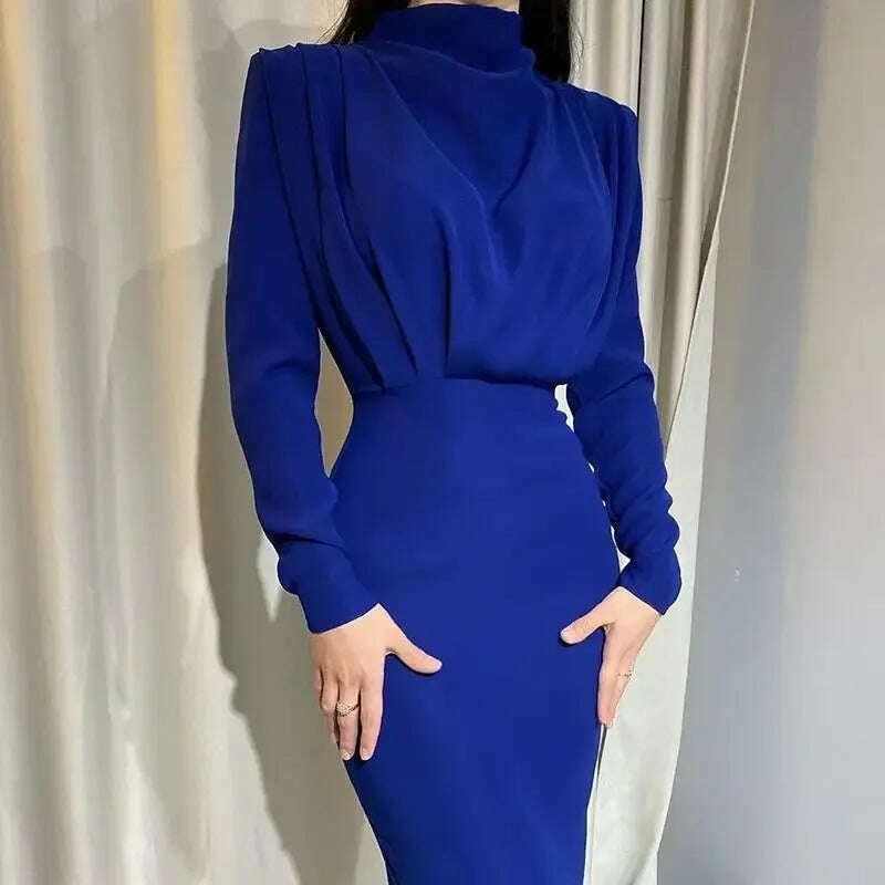 KIMLUD, Spring Autumn New Women's Clothing Solid Color Fashion Waist-Controlled Slimming Long Sleeve Dress Office Lady, Dark Blue / L, KIMLUD APPAREL - Womens Clothes