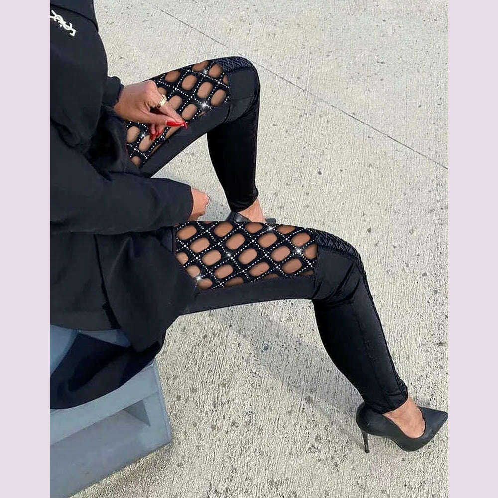 Spring Autumn Skinny Pants Women Trousers Casual High Waist Rhinestone Fishnet Patch Glitter Pants Sexy Pencil Pants Y2k Clothes - KIMLUD