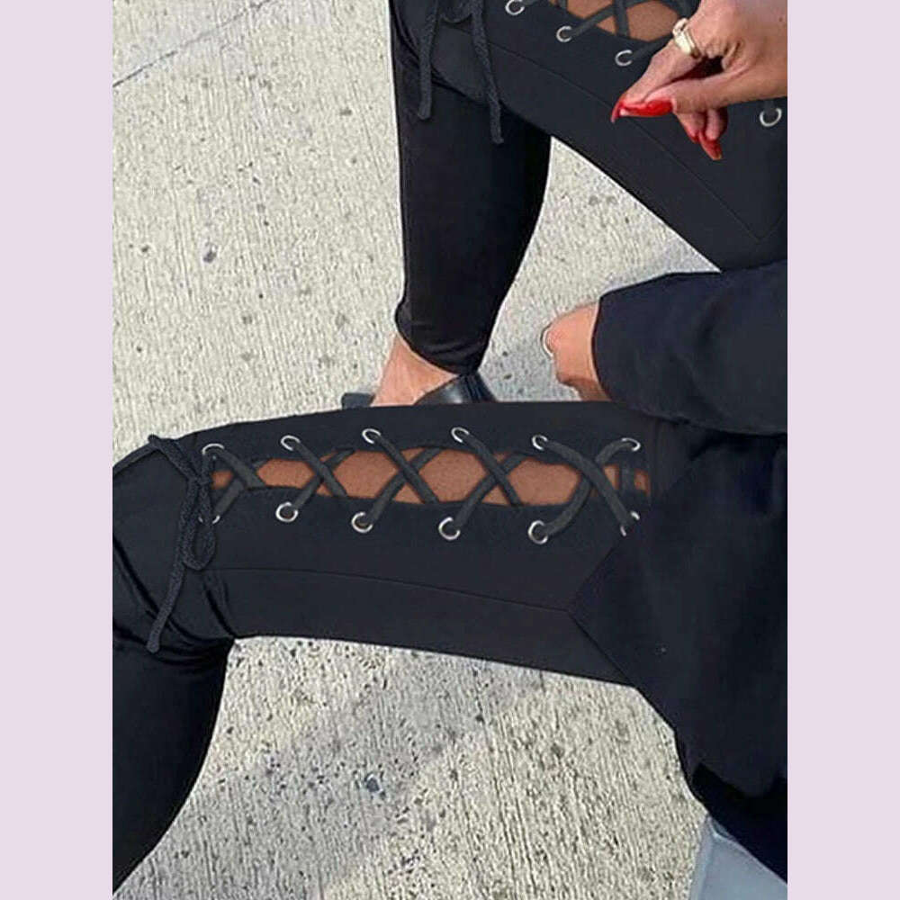 Spring Autumn Skinny Pants Women Trousers Casual High Waist Rhinestone Fishnet Patch Glitter Pants Sexy Pencil Pants Y2k Clothes - KIMLUD