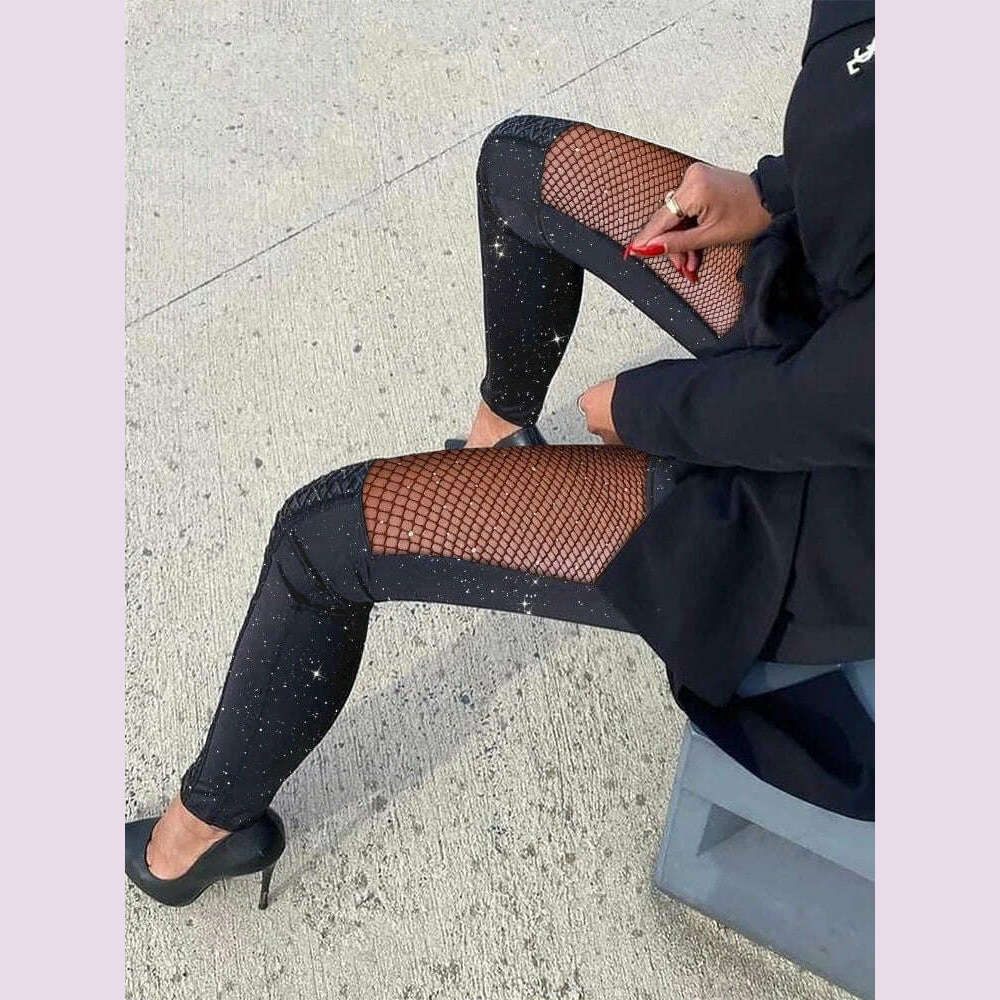 Spring Autumn Skinny Pants Women Trousers Casual High Waist Rhinestone Fishnet Patch Glitter Pants Sexy Pencil Pants Y2k Clothes - KIMLUD