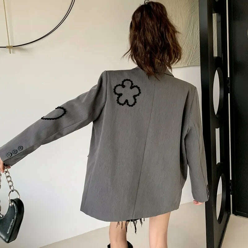 Spring Autumn Suit Jacket Women 2024 New Fashion Loose Casual Tops Suit Coat Embroidery Pure Colour Button Grey Blazer Female - KIMLUD