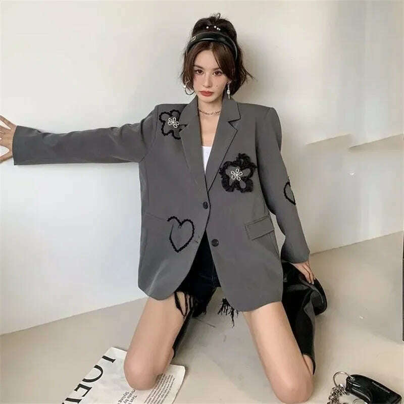 KIMLUD, Spring Autumn Suit Jacket Women 2024 New Fashion Loose Casual Tops Suit Coat Embroidery Pure Colour Button Grey Blazer Female, KIMLUD Womens Clothes