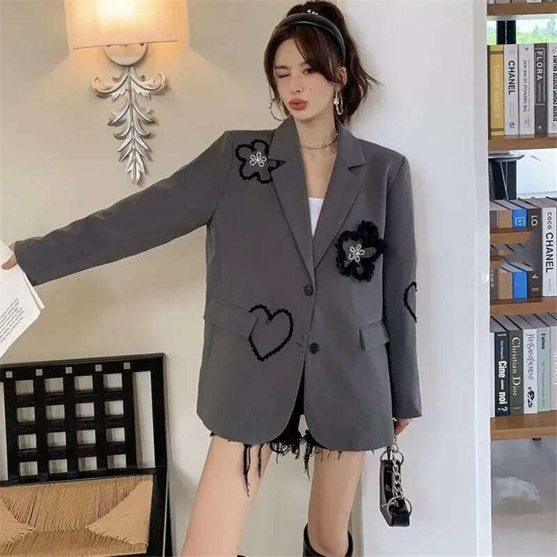 KIMLUD, Spring Autumn Suit Jacket Women 2024 New Fashion Loose Casual Tops Suit Coat Embroidery Pure Colour Button Grey Blazer Female, KIMLUD Womens Clothes