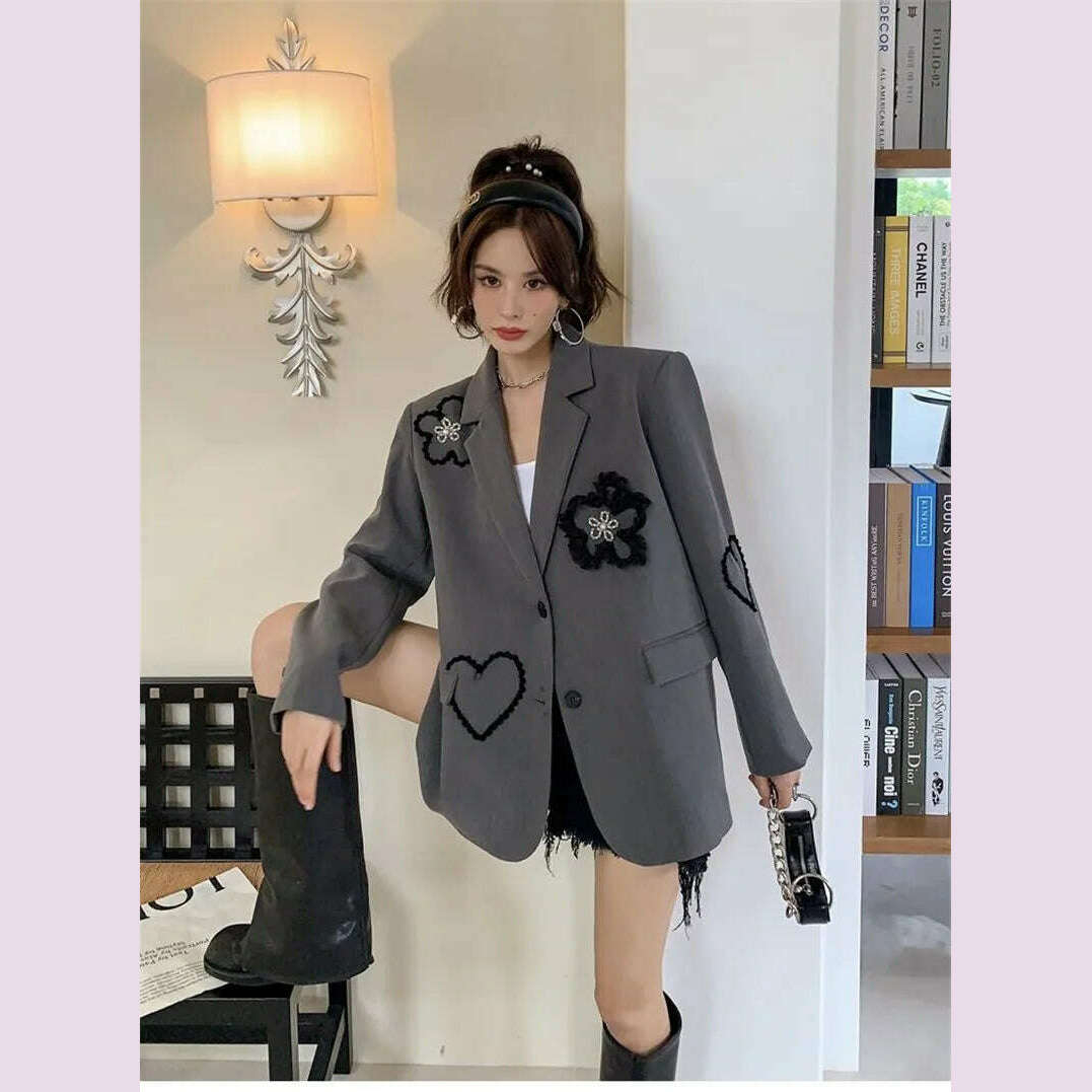 Spring Autumn Suit Jacket Women 2024 New Fashion Loose Casual Tops Suit Coat Embroidery Pure Colour Button Grey Blazer Female - KIMLUD