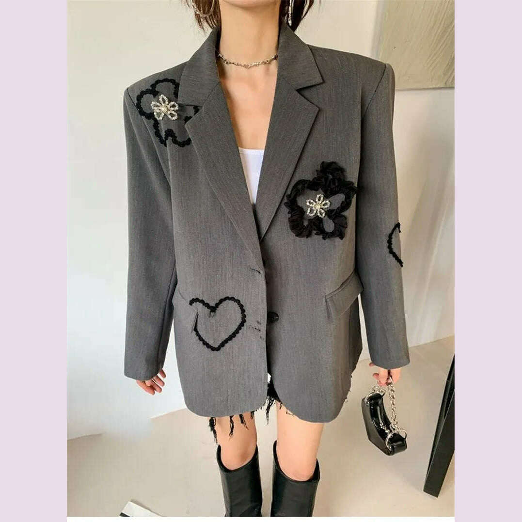 Spring Autumn Suit Jacket Women 2024 New Fashion Loose Casual Tops Suit Coat Embroidery Pure Colour Button Grey Blazer Female - KIMLUD