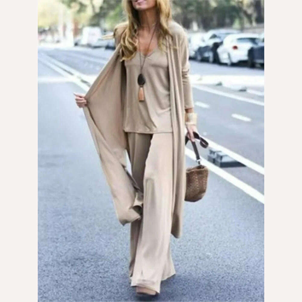 KIMLUD, Spring Autumn Women New Casual Loose 3 Piece Set Fashion V-neck Halters + Straight Pants + Long Cardigan Female Solid Color Suit, Beige / S, KIMLUD APPAREL - Womens Clothes