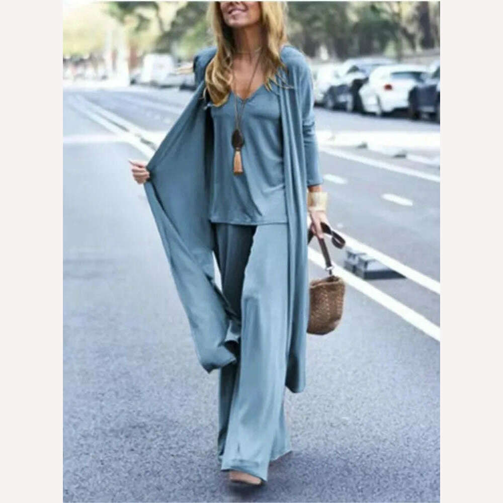 KIMLUD, Spring Autumn Women New Casual Loose 3 Piece Set Fashion V-neck Halters + Straight Pants + Long Cardigan Female Solid Color Suit, Blue / S, KIMLUD APPAREL - Womens Clothes