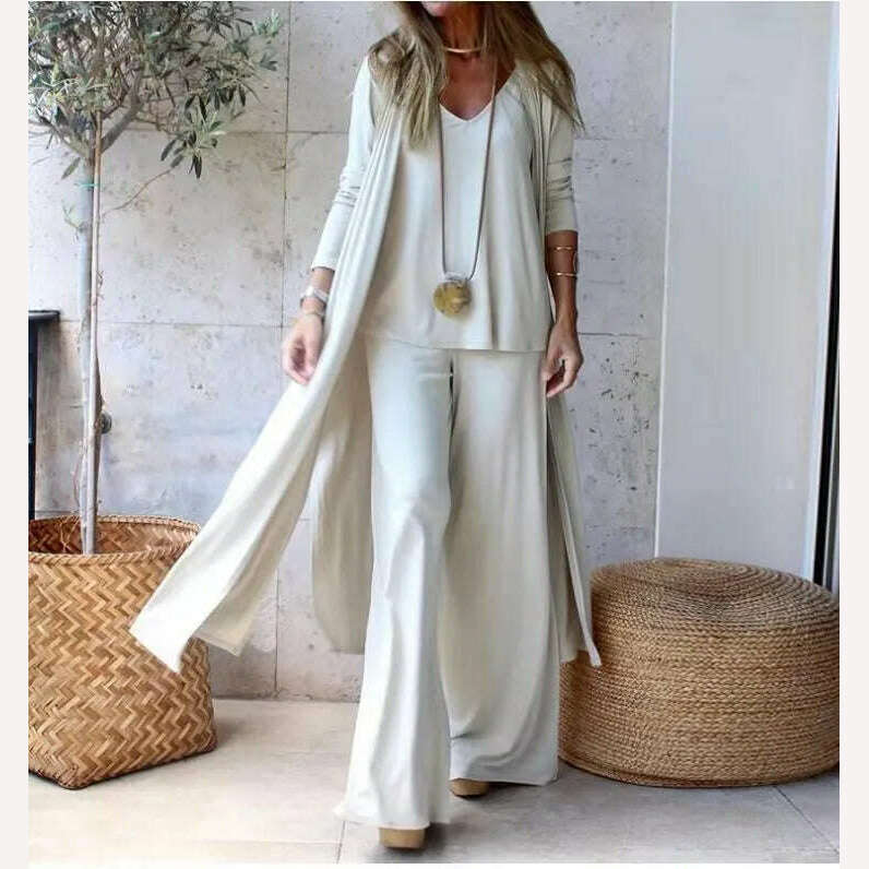 KIMLUD, Spring Autumn Women New Casual Loose 3 Piece Set Fashion V-neck Halters + Straight Pants + Long Cardigan Female Solid Color Suit, KIMLUD Womens Clothes