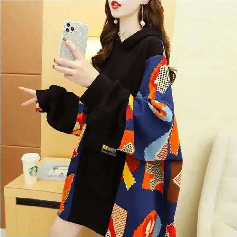 KIMLUD, Spring Autumn Women's Sweatshirt Korean Loose Medium And Long Patchwork Print Hoodies Thin Long Sleeves Tops Female, KIMLUD Womens Clothes