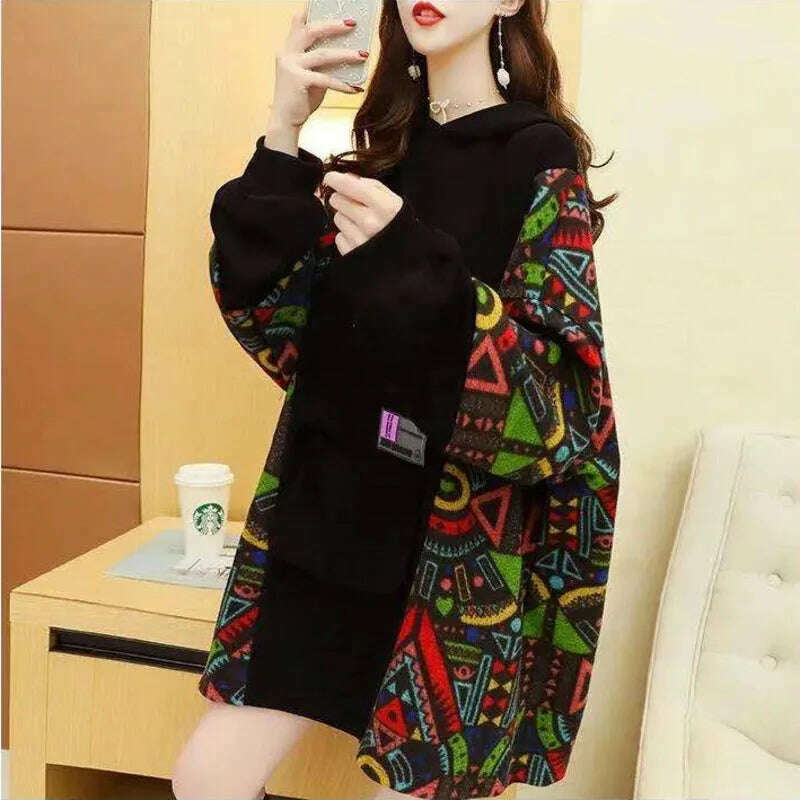 KIMLUD, Spring Autumn Women's Sweatshirt Korean Loose Medium And Long Patchwork Print Hoodies Thin Long Sleeves Tops Female, KIMLUD Womens Clothes