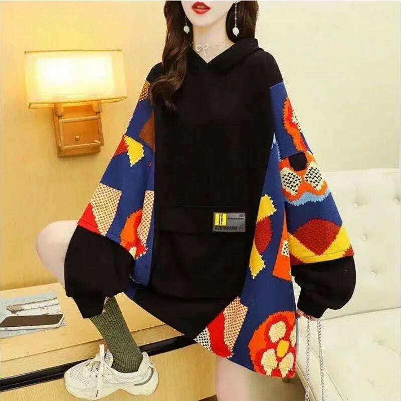 KIMLUD, Spring Autumn Women's Sweatshirt Korean Loose Medium And Long Patchwork Print Hoodies Thin Long Sleeves Tops Female, KIMLUD Womens Clothes