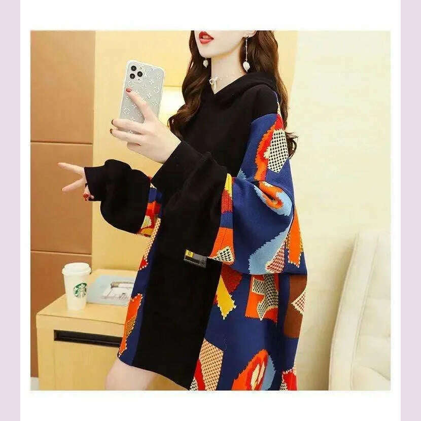 KIMLUD, Spring Autumn Women's Sweatshirt Korean Loose Medium And Long Patchwork Print Hoodies Thin Long Sleeves Tops Female, Photo Color 1 / M, KIMLUD APPAREL - Womens Clothes