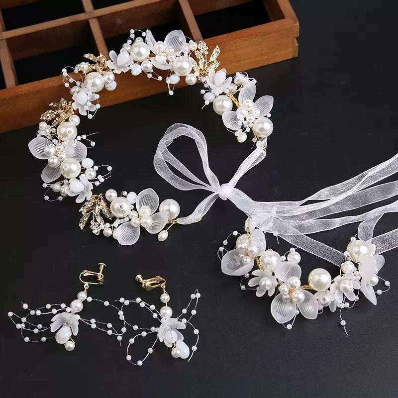 KIMLUD, Spring Bohemian Girls Bridal Pearl Hair Headdress Flower Wreath Bride Garland Head Hoop Headbands Hair Jewelry Children Gifts, KIMLUD Womens Clothes