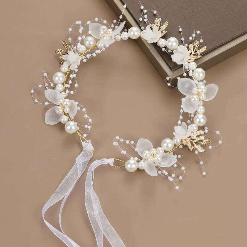 KIMLUD, Spring Bohemian Girls Bridal Pearl Hair Headdress Flower Wreath Bride Garland Head Hoop Headbands Hair Jewelry Children Gifts, 1-Headwear, KIMLUD APPAREL - Womens Clothes