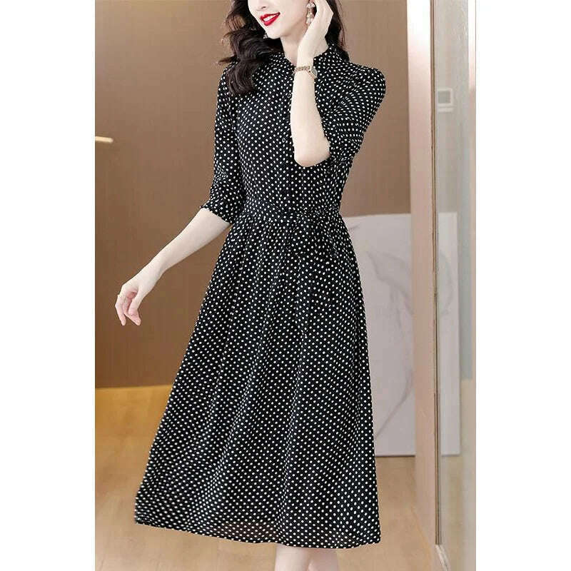 KIMLUD, Spring Fashion Elegant Silk Printed Dress For Women 2023 New Versatile 5/4 Sleeve Loose Fit Casual Holiday Knee Length Dress Ves, KIMLUD Womens Clothes