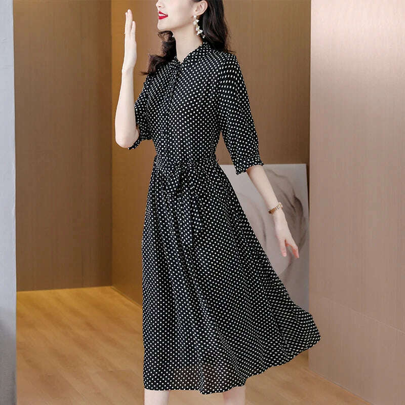 KIMLUD, Spring Fashion Elegant Silk Printed Dress For Women 2023 New Versatile 5/4 Sleeve Loose Fit Casual Holiday Knee Length Dress Ves, Black / XXXL / CHINA, KIMLUD APPAREL - Womens Clothes