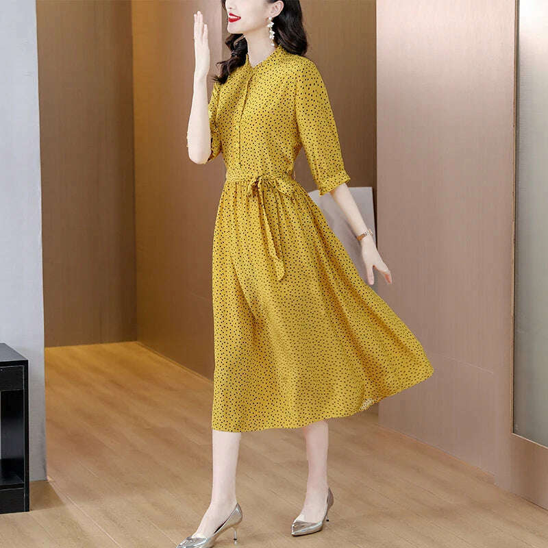 KIMLUD, Spring Fashion Elegant Silk Printed Dress For Women 2023 New Versatile 5/4 Sleeve Loose Fit Casual Holiday Knee Length Dress Ves, Yellow / L / CHINA, KIMLUD APPAREL - Womens Clothes