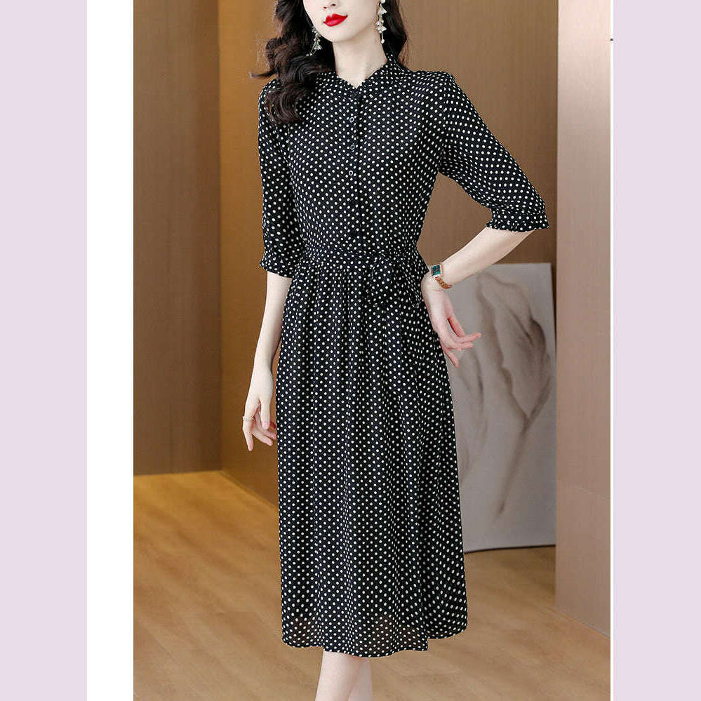 KIMLUD, Spring Fashion Elegant Silk Printed Dress For Women 2023 New Versatile 5/4 Sleeve Loose Fit Casual Holiday Knee Length Dress Ves, KIMLUD Womens Clothes