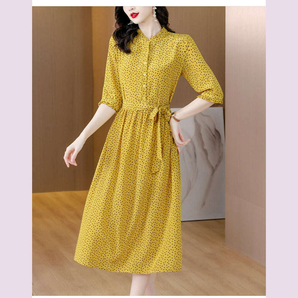 KIMLUD, Spring Fashion Elegant Silk Printed Dress For Women 2023 New Versatile 5/4 Sleeve Loose Fit Casual Holiday Knee Length Dress Ves, KIMLUD Womens Clothes