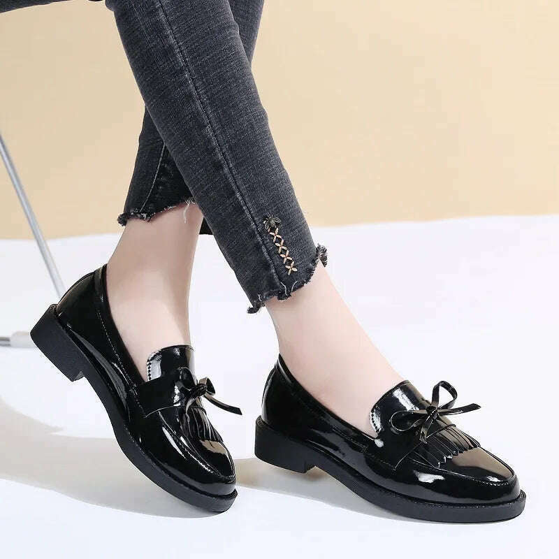 KIMLUD, Spring Flats Women Shoes Bowtie Loafers Patent Leather Women&#39;s Low Heels Slip On Footwear Female Pointed Toe Thick Heel, Bowtie Black / CN 35 (EU Size 34), KIMLUD APPAREL - Womens Clothes