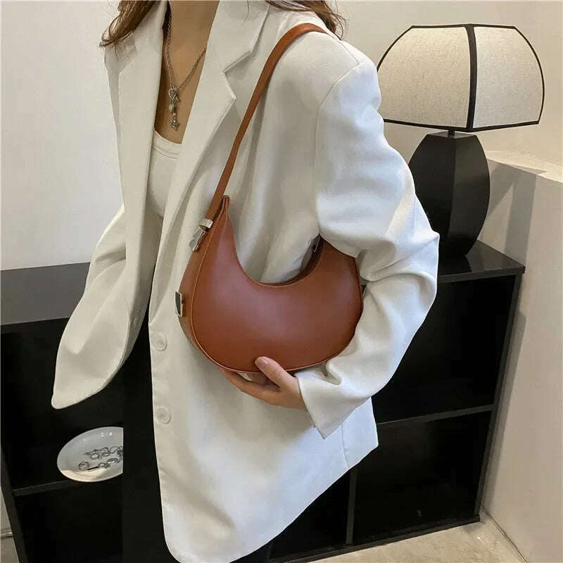 KIMLUD, Spring New Solid Color Half-moon Bags for Women Fashion Shoulder Bags Luxury PU Leather Underarm Bag Advanced Brand Handbag Purs, brown / 20.5x 5.5x20.5cm, KIMLUD APPAREL - Womens Clothes