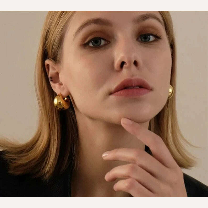 Stainless Steel 18K gold-plated Smooth Round Mini Hoop Earrings Hollow Party Jewelry C-shaped Chunky For Women Aretes de mujer - KIMLUD