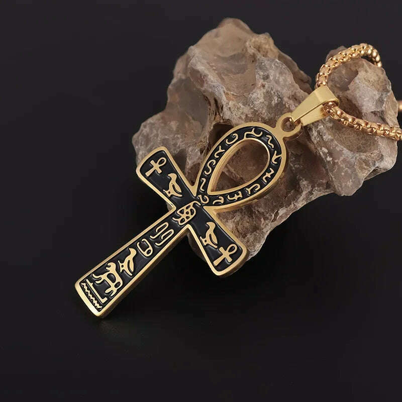 Stainless Steel Ancient Egyptian Ankh Cross Totem Pendant Necklace Men's Pharaoh Life Key Amulet Jewelry - KIMLUD