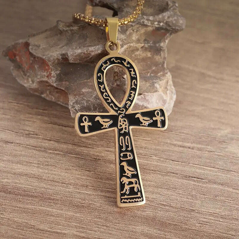 KIMLUD, Stainless Steel Ancient Egyptian Ankh Cross Totem Pendant Necklace Men's Pharaoh Life Key Amulet Jewelry, AL18762-Gold, KIMLUD APPAREL - Womens Clothes