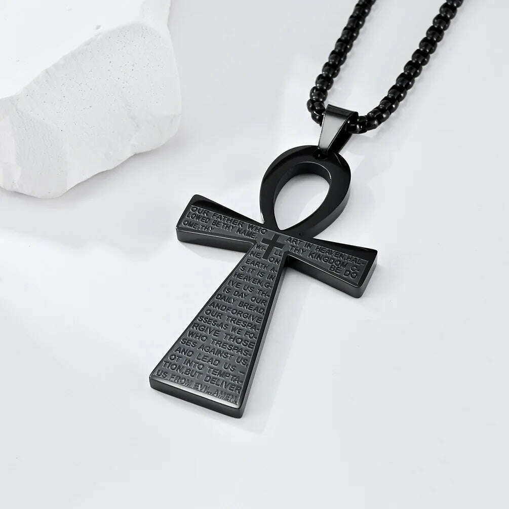 KIMLUD, Stainless Steel Ancient Egyptian Ankh Cross Totem Pendant Necklace Men's Pharaoh Life Key Amulet Jewelry, AL19981-Black, KIMLUD APPAREL - Womens Clothes