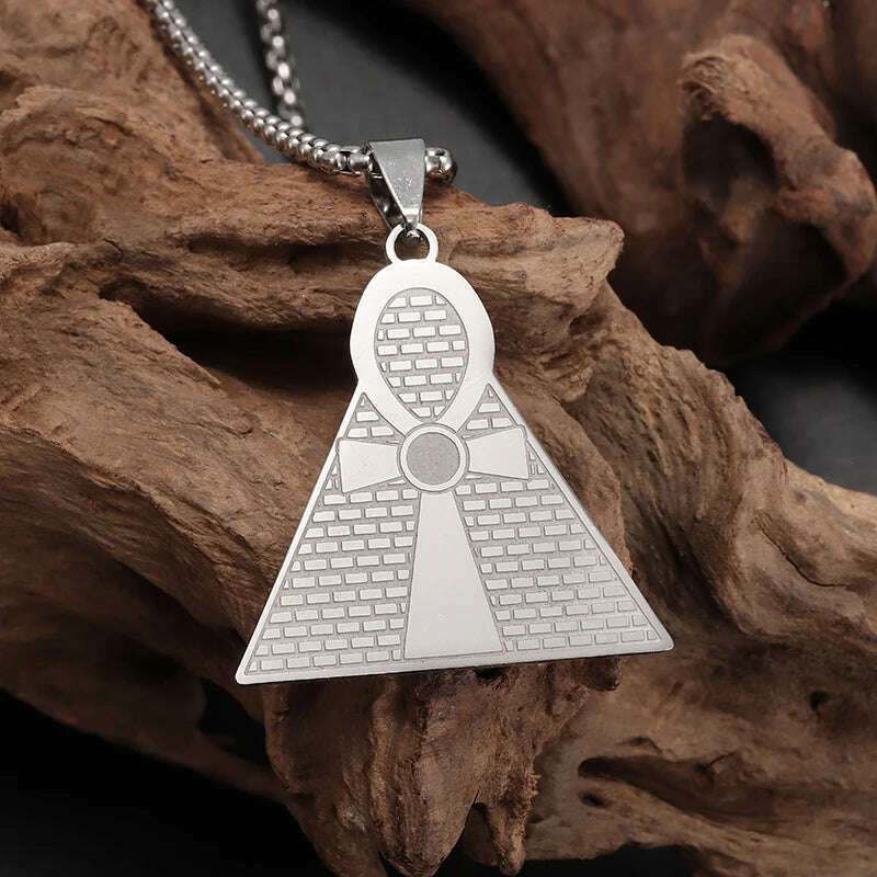 KIMLUD, Stainless Steel Ancient Egyptian Ankh Cross Totem Pendant Necklace Men's Pharaoh Life Key Amulet Jewelry, AL21810-Silver, KIMLUD APPAREL - Womens Clothes