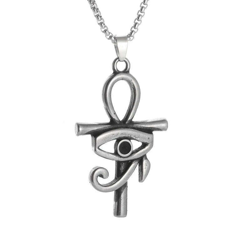 KIMLUD, Stainless Steel Ancient Egyptian Ankh Cross Totem Pendant Necklace Men's Pharaoh Life Key Amulet Jewelry, AL20183-Silver, KIMLUD APPAREL - Womens Clothes