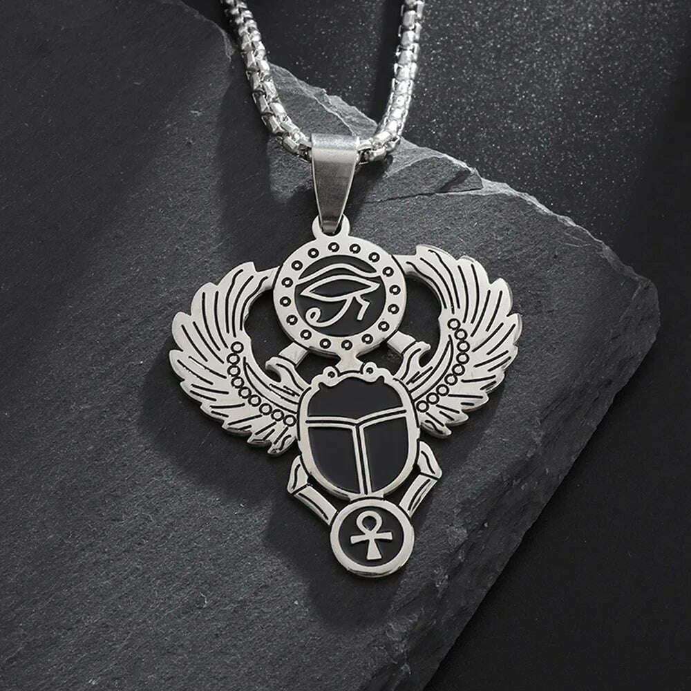 KIMLUD, Stainless Steel Ancient Egyptian Ankh Cross Totem Pendant Necklace Men's Pharaoh Life Key Amulet Jewelry, AL20115-Silver, KIMLUD APPAREL - Womens Clothes