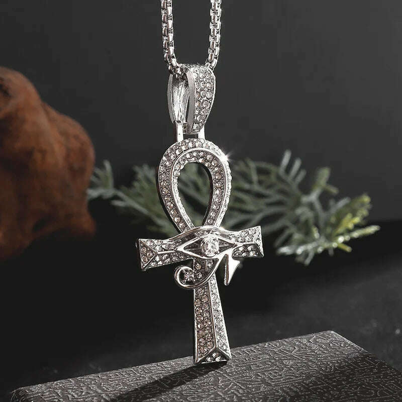 KIMLUD, Stainless Steel Ancient Egyptian Ankh Cross Totem Pendant Necklace Men's Pharaoh Life Key Amulet Jewelry, AL20333-Silver, KIMLUD APPAREL - Womens Clothes