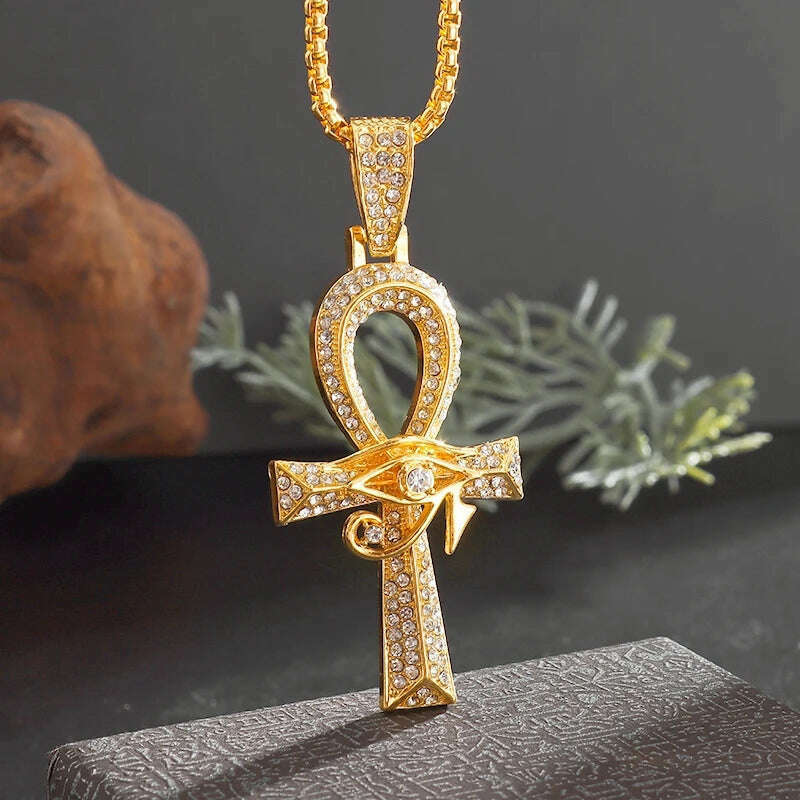 KIMLUD, Stainless Steel Ancient Egyptian Ankh Cross Totem Pendant Necklace Men's Pharaoh Life Key Amulet Jewelry, AL20333-Gold, KIMLUD APPAREL - Womens Clothes