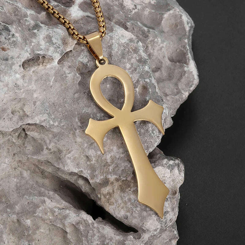 KIMLUD, Stainless Steel Ancient Egyptian Ankh Cross Totem Pendant Necklace Men's Pharaoh Life Key Amulet Jewelry, AL21622-Gold, KIMLUD APPAREL - Womens Clothes