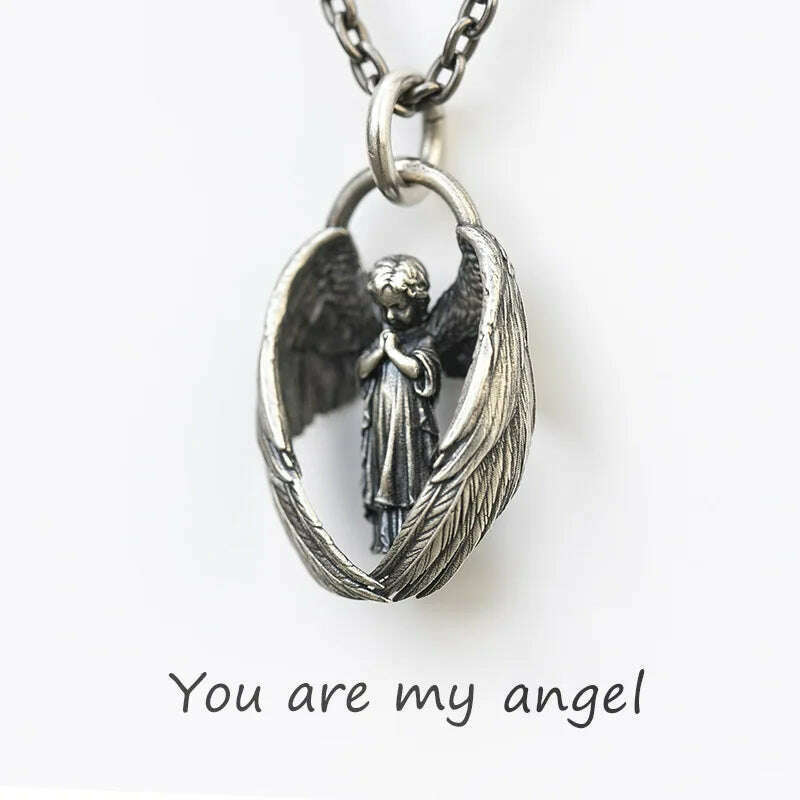 KIMLUD, Stainless Steel Creative Personality Prayer Angel Pendant Necklace Men and Women Fashion Trend Hip Hop Punk Accessories Jewelry, KIMLUD Womens Clothes