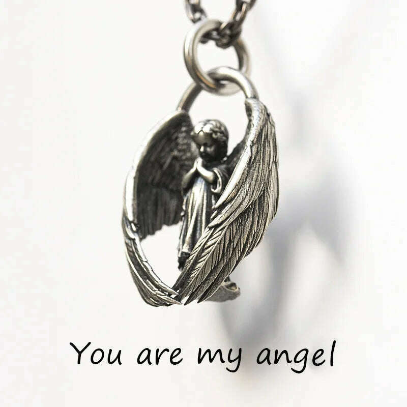 KIMLUD, Stainless Steel Creative Personality Prayer Angel Pendant Necklace Men and Women Fashion Trend Hip Hop Punk Accessories Jewelry, KIMLUD Womens Clothes