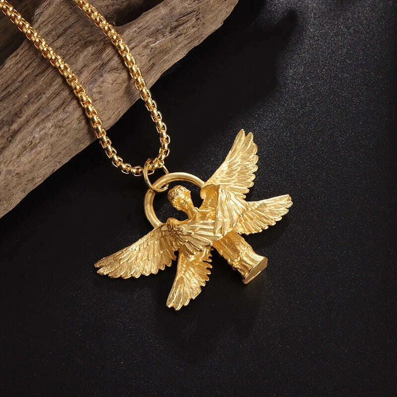 KIMLUD, Stainless Steel Creative Personality Prayer Angel Pendant Necklace Men and Women Fashion Trend Hip Hop Punk Accessories Jewelry, AL18234-Gold, KIMLUD APPAREL - Womens Clothes