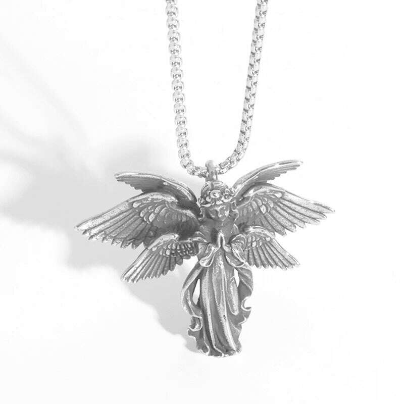 KIMLUD, Stainless Steel Creative Personality Prayer Angel Pendant Necklace Men and Women Fashion Trend Hip Hop Punk Accessories Jewelry, AL18693-Silver, KIMLUD APPAREL - Womens Clothes